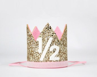 1/2 Birthday Crown | Half Birthday Outfit Girl | Half Birthday Girl | Half Birthday Glitter Hat | Gold Glitter Crown + Baby Pink Details