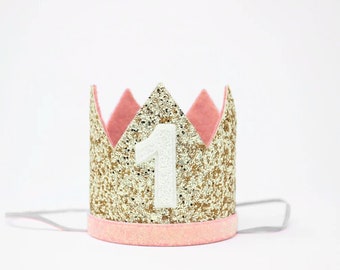 First Birthday Crown | 1st Birthday Crown | 1st Birthday Girl Outfit First Birthday Outfit Girl | Gold Glitter Crown + Blush Details