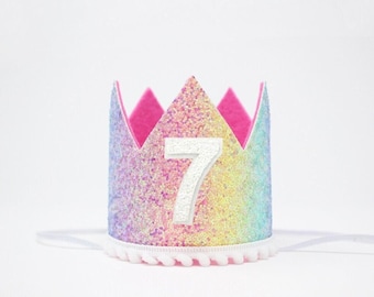 7th Birthday Crown | Seven Birthday Crown | 7th Birthday Girl Outfit Seventh Birthday Girl | Pastel Rainbow Glitter Crown + Hot Pink Detail