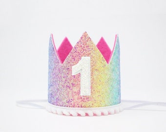 First Birthday Crown | 1st Birthday Crown | 1st Birthday Girl Outfit First Birthday Girl | Pastel Rainbow Glitter Crown + Hot Pink Detail