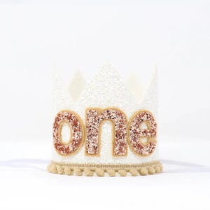 1st Birthday Girl Crown | White Glitter Crown/Inner Lining + Toast Pom Trim + Rose Gold on Toast "one"