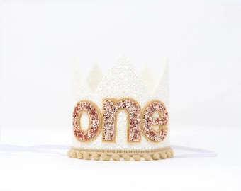 1st Birthday Girl Crown | White Glitter Crown/Inner Lining + Toast Pom Trim + Rose Gold on Toast "one"