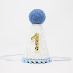 First Birthday Boy Party Hat | 1st Birthday Hat | 1st Birthday Boy Cake Smash | White Glitter Hat + Baby Blue Trim/Top + Yellow Gold 1