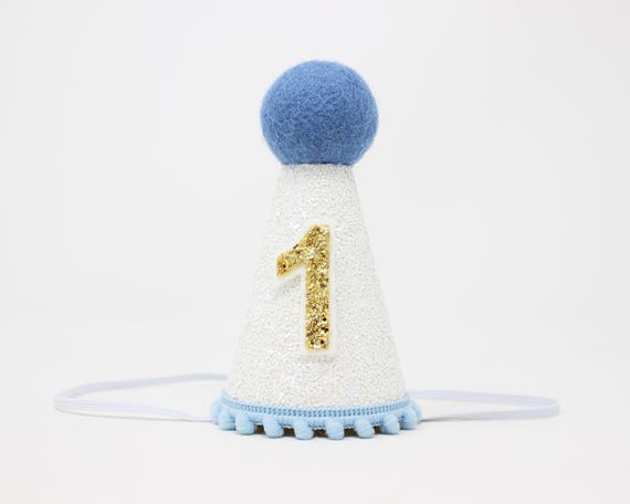 First Birthday Boy Party Hat | 1st Birthday Hat | 1st Birthday Boy Cake Smash | White Glitter Hat + Baby Blue Trim/Top + Yellow Gold 1