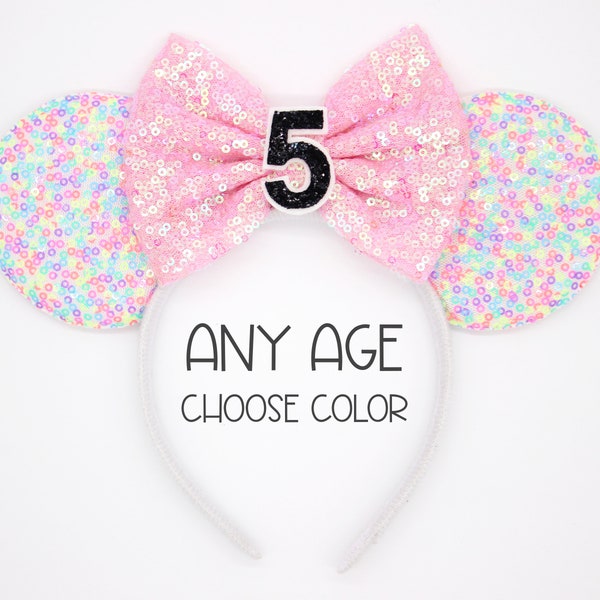 5th Birthday Mouse Ears | Fifth Birthday Sprinkles Mouse Ears Headband | 5th Birthday Ears | Choose Age + Bow Color