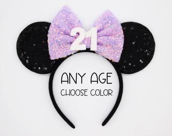 Birthday Mouse Ears Headband | Black Sequin Ears + Choose Bow & Age