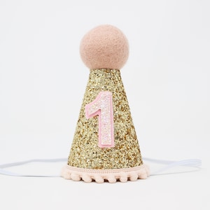 First Birthday Girl Party Hat | 1st Birthday Cake Smash | Gold Glitter Hat + Baby Pink Pom Trim/Top + Baby Pink Glitter Number