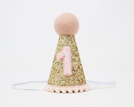 First Birthday Girl Party Hat | 1st Birthday Cake Smash | Gold Glitter Hat + Baby Pink Pom Trim/Top + Baby Pink Glitter Number