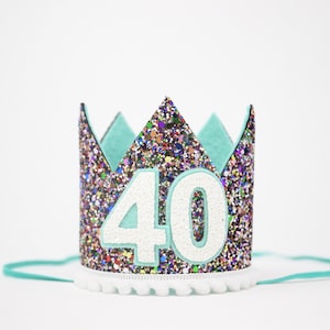 40th Birthday Crown | 40th Birthday Party Hat | Kaleidoscope Glitter Crown + Mint Lining + White Pom Trim + White Glitter Number