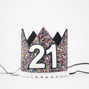 21st Birthday Crown | 21st Birthday Party Hat | Kaleidoscope Glitter Crown + Black Lining + White Pom Trim + White Glitter Number