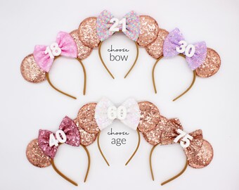 Birthday Mouse Ears Headband | Rose Gold Sequin Ears + Choose Bow & Age