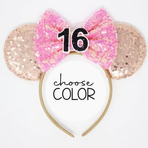 16th Birthday Rose Gold Mouse ears One Size | 16 Mouse headband | Party ears | Rose Gold Mouse ears | Choose Ear + Bow Color