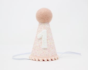 1st Birthday Girl Party Hat | Baby Pink Glitter Hat + Choose Color + White Leather Number