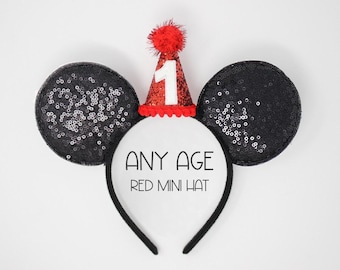 Sequin Birthday Mouse Ears with Red Mini Party Hat | Choose Age