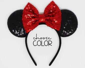 Mouse Ears Headband | All Age Black Red Mouse Ears with Sequin Bow | Choose Ear and Bow Color
