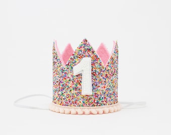 1st Birthday Girl Crown | Confetti Glitter Crown + Choose Color + White Glitter Number