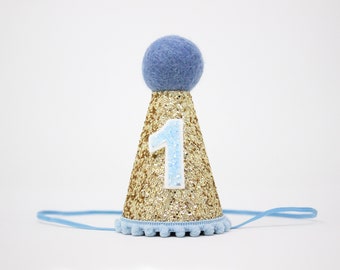 First Birthday Hat | 1st Birthday Hat | 1st Birthday Boy Outfit | First Birthday Outfit Boy | Gold Glitter Hat + Baby Blue Details