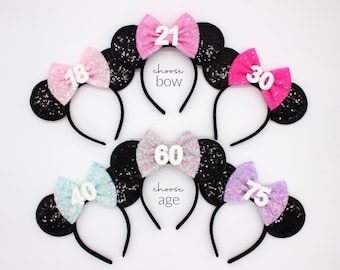Birthday Mouse Ears Headband | Black Sequin Ears + Choose Bow & Age