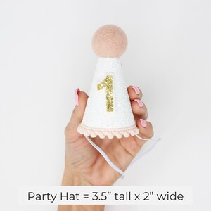 May include: White party hat with a pink pom-pom on top and a gold glitter number "1" on the front. The hat is 3.5 inches tall and 2 inches wide.