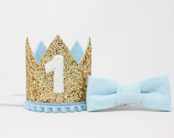 1st Birthday Boy Crown | Pale Gold Glitter Crown + Baby Blue Trim + White Leather Number "1"