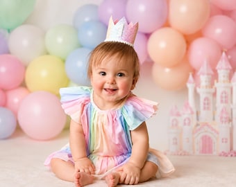 1st Birthday Girl Crown | Pastel Rainbow Glitter Crown + White Pom Trim + Choose Inner Lining Color + White Glitter Number