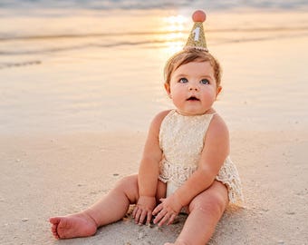 1st Birthday Girl Party Hat | Pale Gold Glitter Hat + Choose Color + White Leather Number "1"