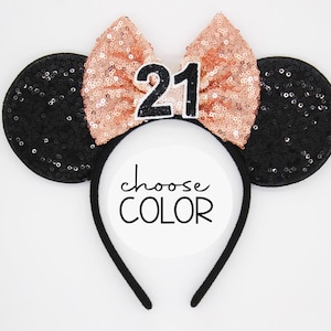 21st Birthday Mouse Headband | Rose Gold Mouse Birthday Ears | 21 Black Sequin Ear Headband | Choose Age + Bow Color
