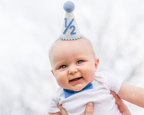 Half Birthday Hat 1 2 Birthday Boy Party Hat 6 month birthday Half Birthday Outfit Boy White Glitter Hat Baby Blue Pool Details