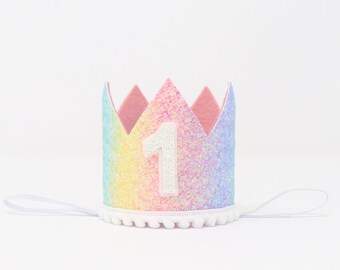 1st Birthday Girl Crown | Pastel Rainbow Glitter Crown + White Pom Trim + Choose Inner Lining Color + White Glitter Number