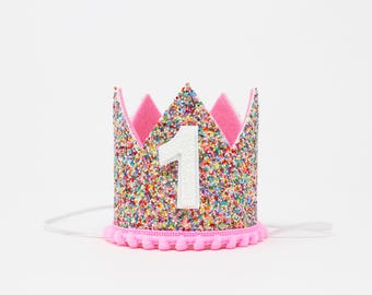 1st Birthday Girl Crown | Confetti Glitter Crown + Choose Color + White Glitter Number