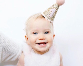 1st Birthday Girl Party Hat | Pale Gold Glitter Hat + Baby Pink Pom Trim/Top + Baby Pink Glitter Number#