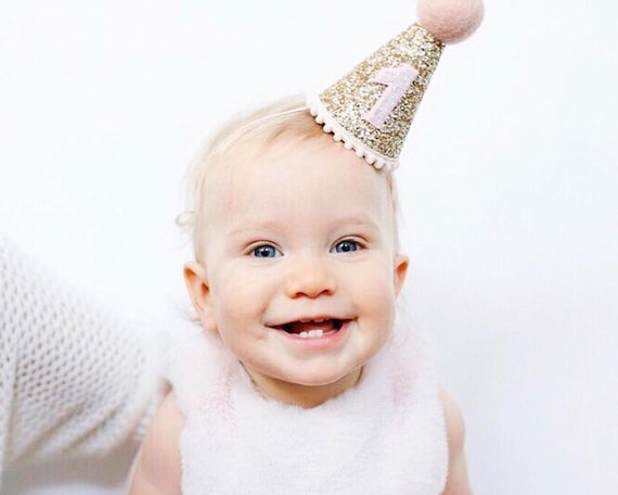 First Birthday Girl Party Hat | 1st Birthday Cake Smash | Gold Glitter Hat + Baby Pink Pom Trim/Top + Baby Pink Glitter Number