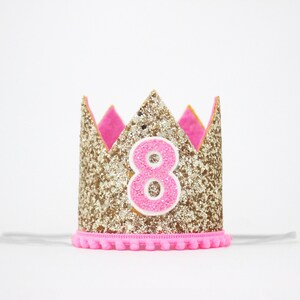 8th Birthday Crown | 8th Birthday Girl Outfit | 8th Birthday Hat | Pale Gold Glitter + Hot Pink Pom Trim/Lining + Hot Pink Glitter Number