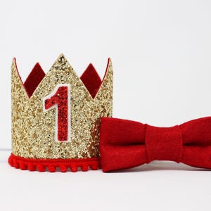 First Birthday Crown | 1st Birthday Crown | 1st Birthday Boy Outfit | First Birthday Outfit Boy | Gold Glitter Crown + Red Details