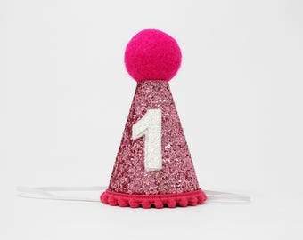 1st Birthday Girl Party Hat | Summer Sale | Bubblegum Glitter Hat + Magenta Trim/Top + White Glitter "1"