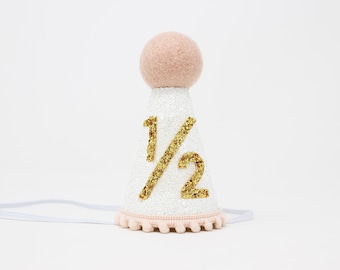 Half Birthday Hat | 1/2 Birthday Girl Party Hat | Baby Pink Blush Lilac | White Glitter Hat + Choose Color + Yellow Gold "1/2"