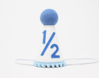 Half Birthday Boy Party Hat | White Glitter Hat + Baby Blue Trim + Light Pool Top + Pool Felt 1/2