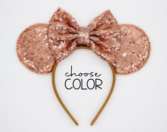 Rose Gold Sequin Mouse Ears Headband | Rose Gold Sequin Ears + Choose Bow Color