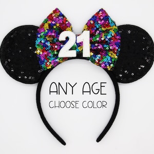 Birthday Mouse Ears Headband | Black Sequin Ears + Choose Bow & Age