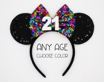 Birthday Mouse Ears Headband | Black Sequin Ears + Choose Bow & Age