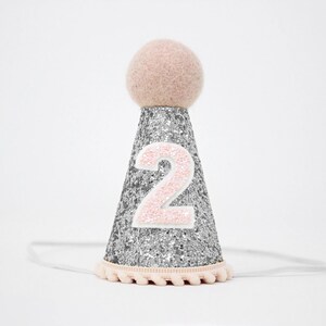 Birthday Girl Party Hat | 2nd Birthday Girl Cake Smash | Silver Glitter Hat + Baby Pink Pom Trim + Top + Baby Pink Glitter Number