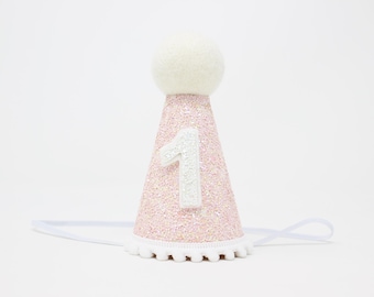 1st Birthday Girl Party Hat | Baby Pink Glitter Hat + Choose Color + White Leather Number "1"