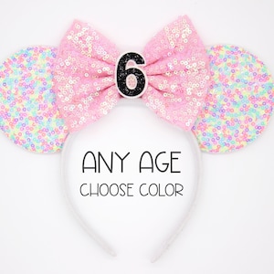 6th Birthday Mouse Ears | Sixth Birthday Sprinkles Mouse Ears Headband | 6th Birthday Ears | Choose Age + Bow Color