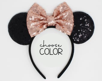 Mouse Ears Headband | Rose Gold All Age Black Mouse Ears with Sequin Bow | Choose Ear and Bow Color