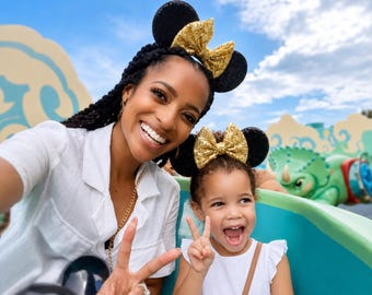 Sequin Mouse Ears Headband | Black Sequin Ears + Choose Bow Color
