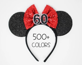 60th Birthday Mouse Headband | 60th Birthday Ears | 60th Birthday Mouse Ears | Birthday Ears | Choose Age + Bow Color