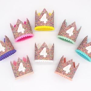Sprinkles 4th Birthday Crown | Fourth Birthday Crown | 4th Birthday Girl | Mosaic Glitter Crown + Choose Color + White Glitter &quot;4&quot;