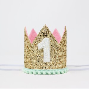 1st Birthday Girl Crown | Pale Gold Glitter Crown + Mint Pom Trim + Baby Pink Inner Lining + White Glitter Number image 2