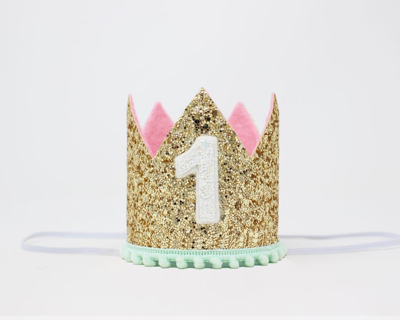 1st Birthday Girl Crown | Pale Gold Glitter Crown + Mint Pom Trim + Baby Pink Inner Lining + White Glitter Number image 2