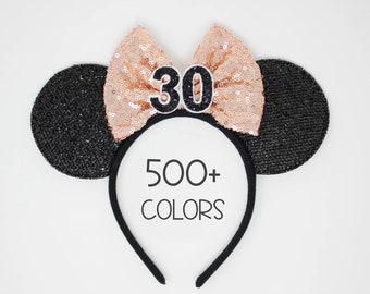 30th Birthday Mouse Ear Headband | Rose Gold Mouse Ears | 30th Birthday Mouse Ears | Rose Gold Mouse Ears | Choose Age + Bow Color
